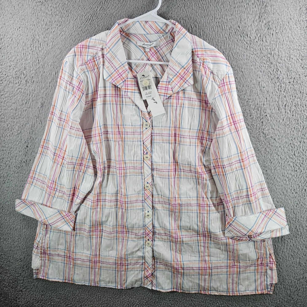 Foxcroft NYC Rhett Plaid Crinkle Shirt Womens 24W Pink White 3/4 Sleeve NWT NEW